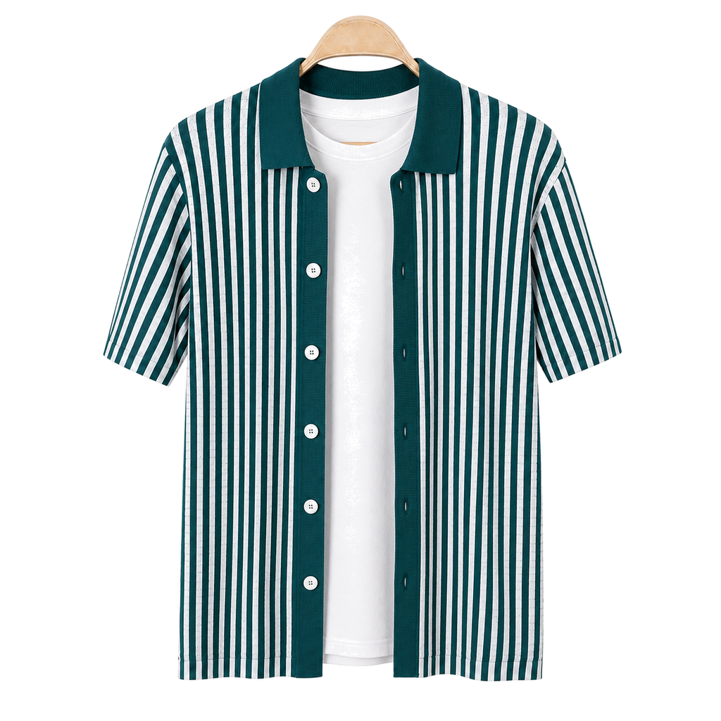 WEELZ Striped Button-Through Knit Shirt — Teal & White — front hanging view