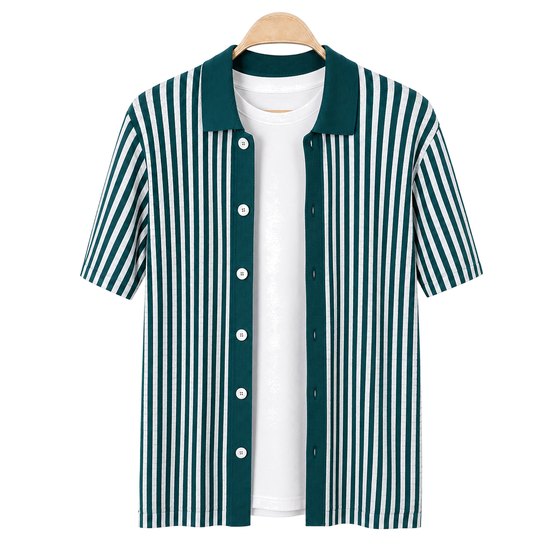 WEELZ Striped Button-Through Knit Shirt — Teal & White — front hanging view