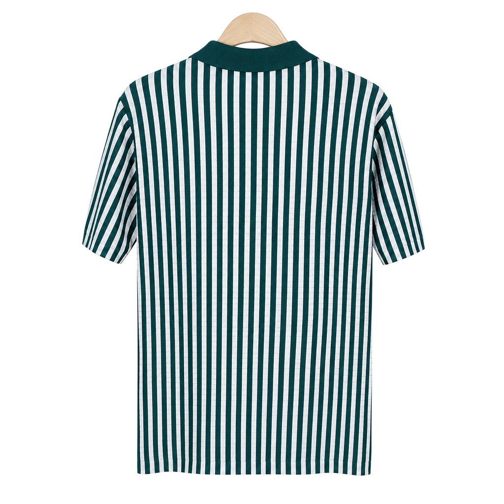 WEELZ Striped Button-Through Knit Shirt — Teal & White — back hanging view