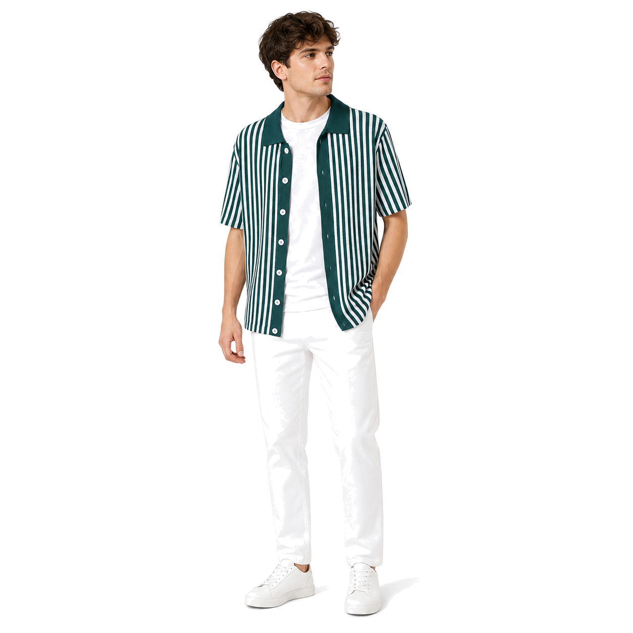 WEELZ Striped Button-Through Knit Shirt — Teal & White — model look 1
