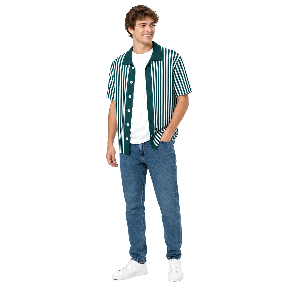WEELZ Striped Button-Through Knit Shirt — Teal & White — model look 2