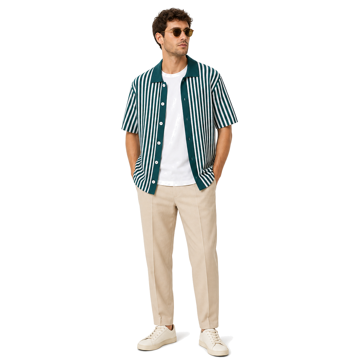 WEELZ Striped Button-Through Knit Shirt — Teal & White — model look 3