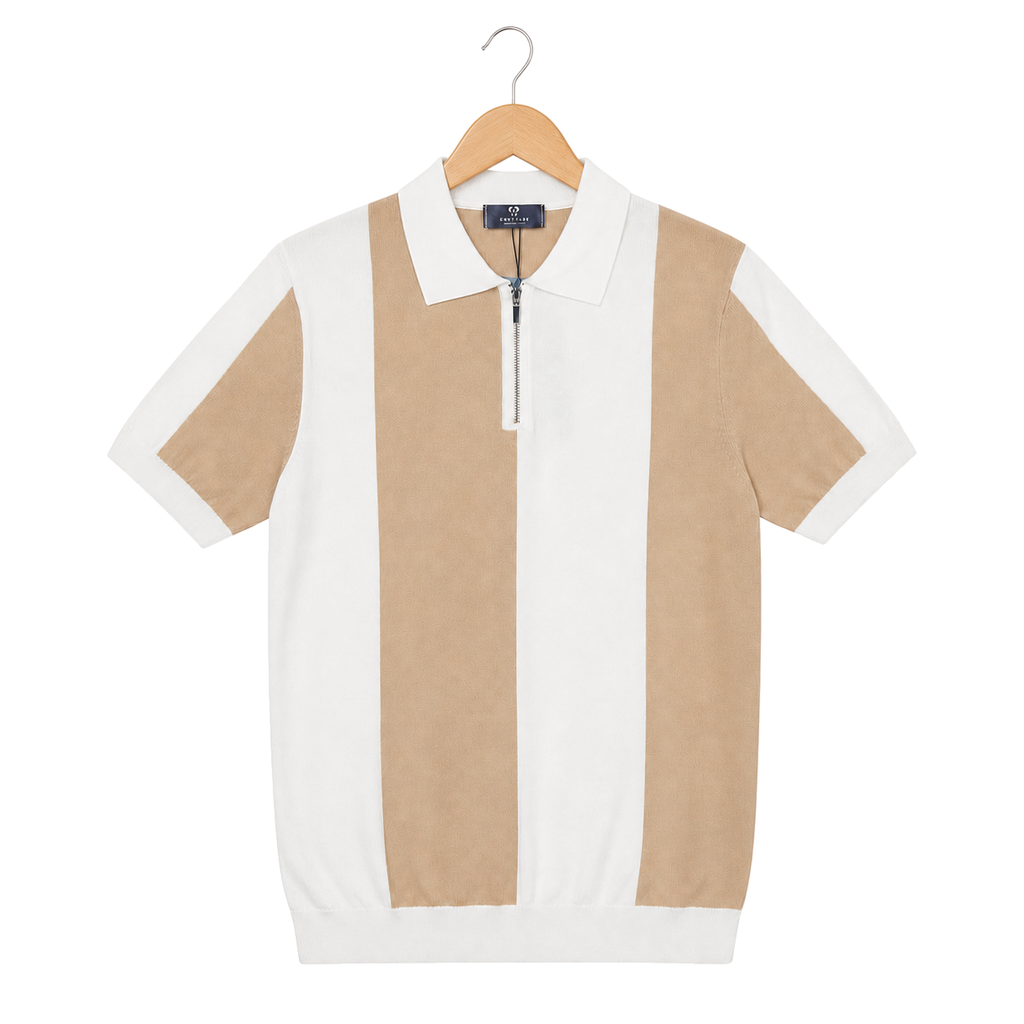 WEELZ Vertical Color-Block Knit Polo — Beige & Cream — front hanging view