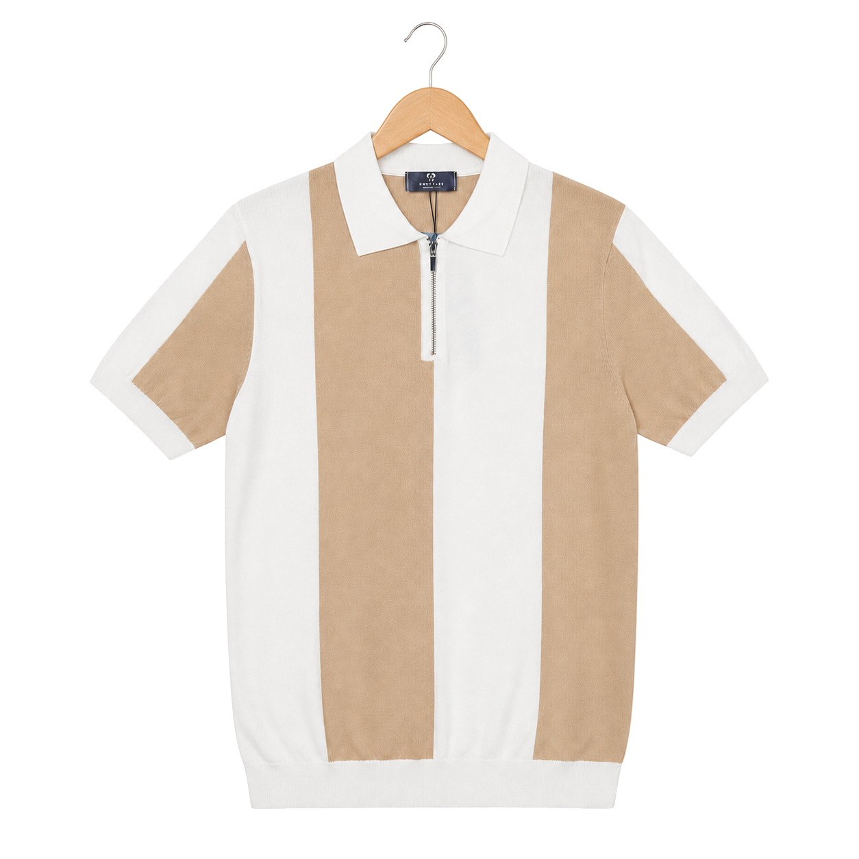 WEELZ Vertical Color-Block Knit Polo — Beige & Cream — front hanging view