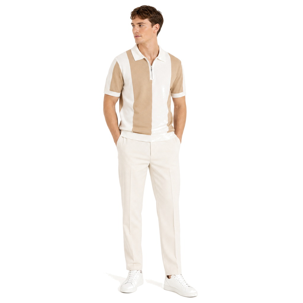 WEELZ Vertical Color-Block Knit Polo — Beige & Cream — model look 1
