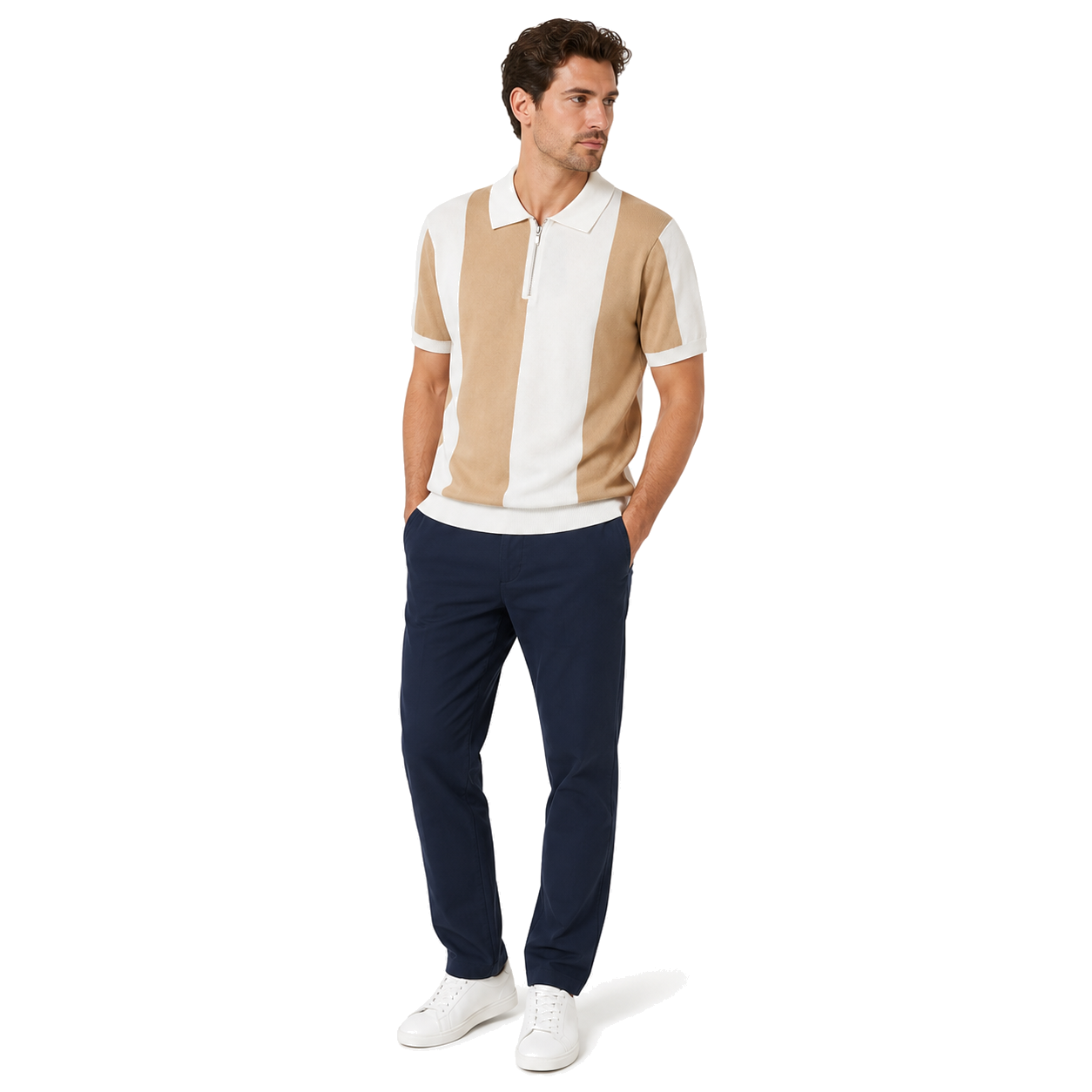 WEELZ Vertical Color-Block Knit Polo — Beige & Cream — model look 2