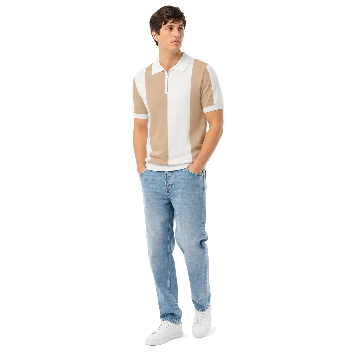 WEELZ Vertical Color-Block Knit Polo — Beige & Cream — model look 3