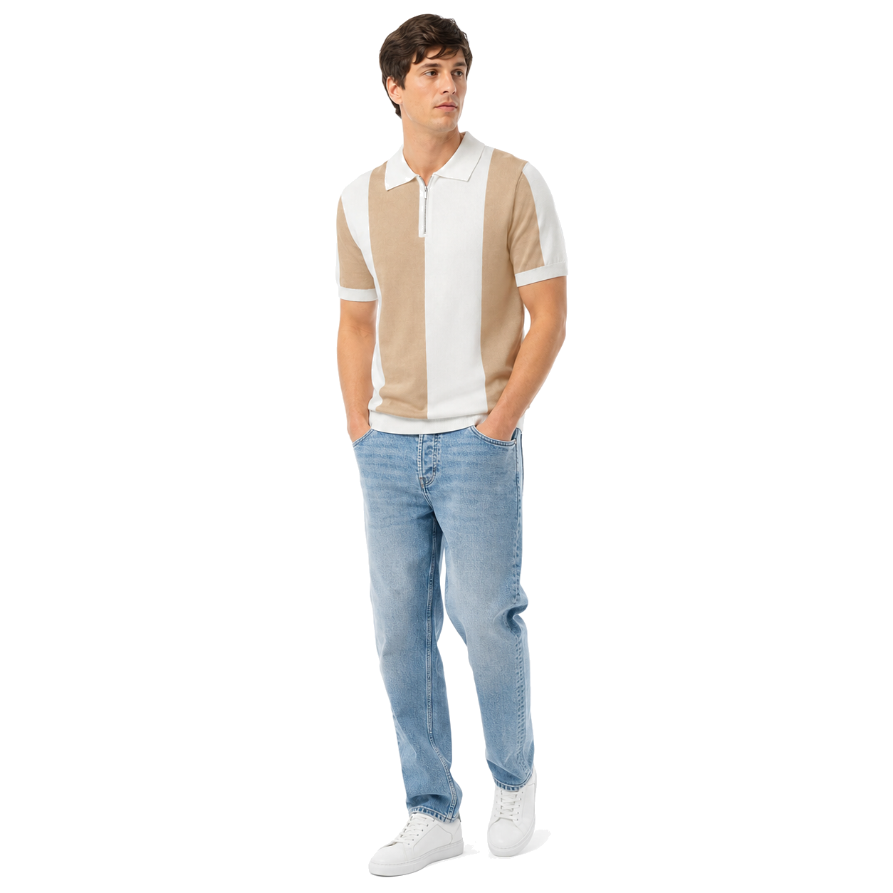 WEELZ Vertical Color-Block Knit Polo — Beige & Cream — model look 3