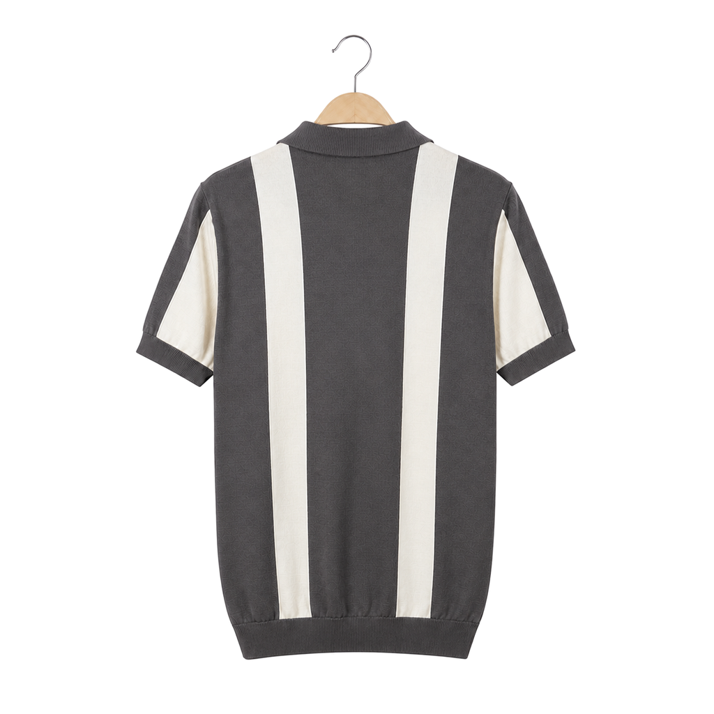 WEELZ Vertical Color-Block Knit Polo — Grey & Cream — back hanging view