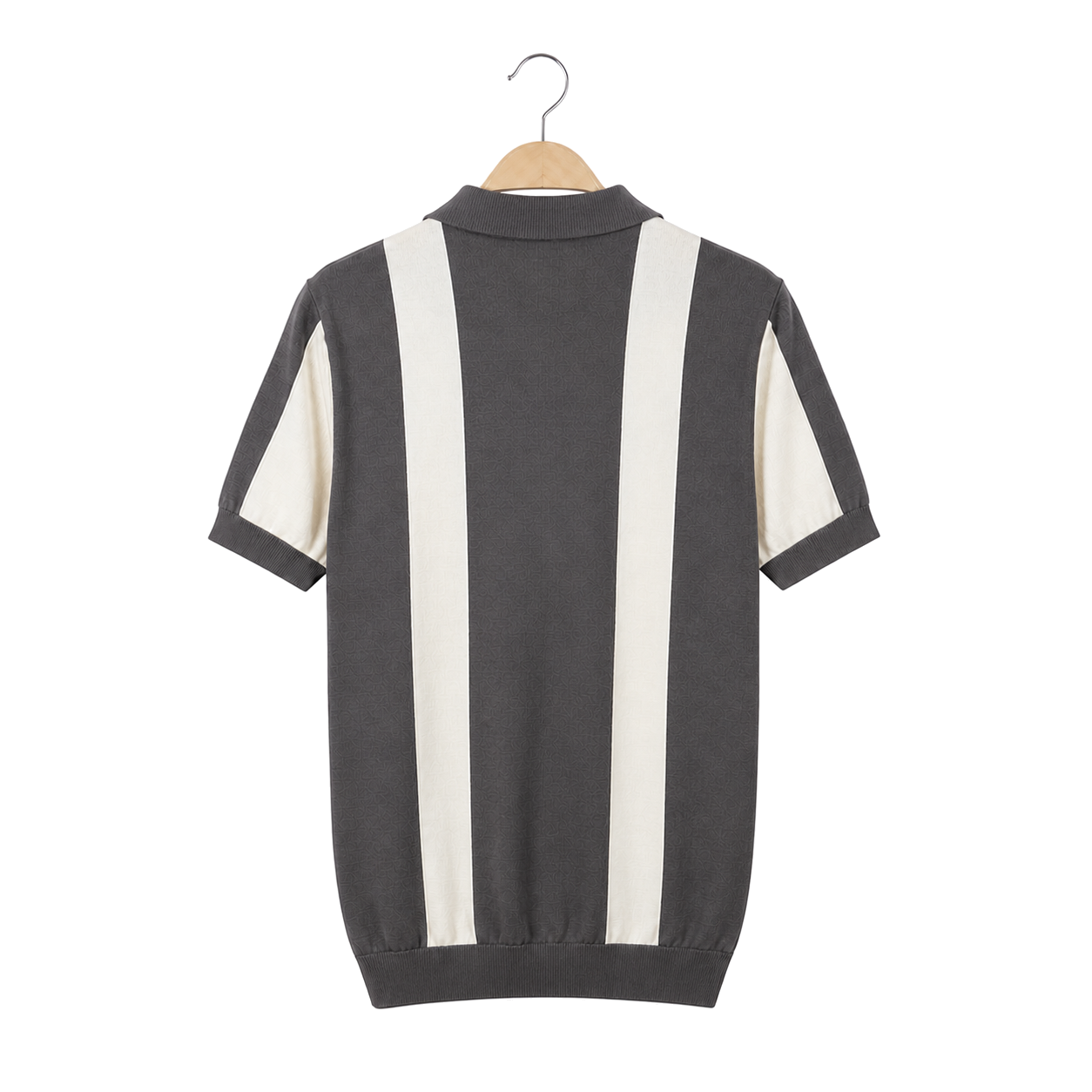 WEELZ Vertical Color-Block Knit Polo — Grey & Cream — back hanging view