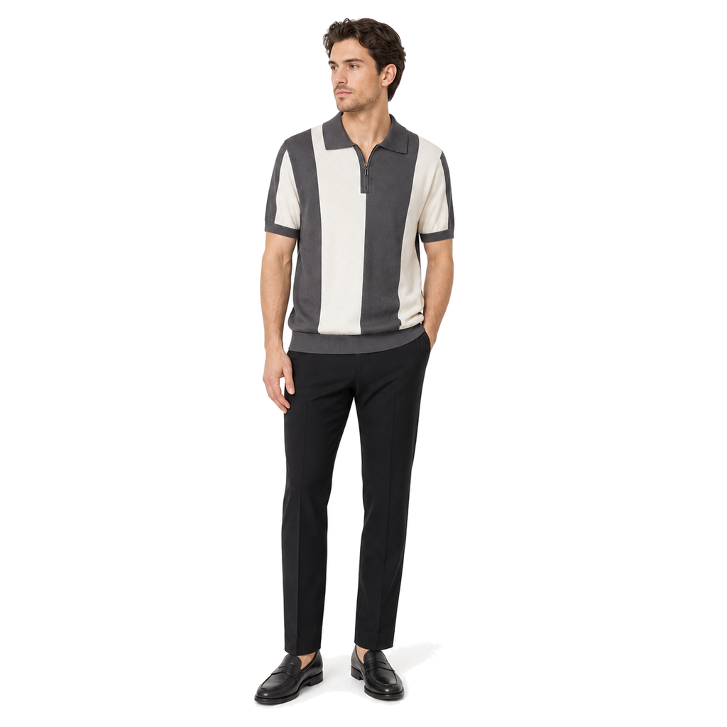 WEELZ Vertical Color-Block Knit Polo — Grey & Cream — model look 1