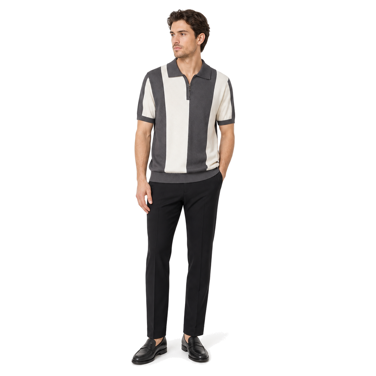 WEELZ Vertical Color-Block Knit Polo — Grey & Cream — model look 1
