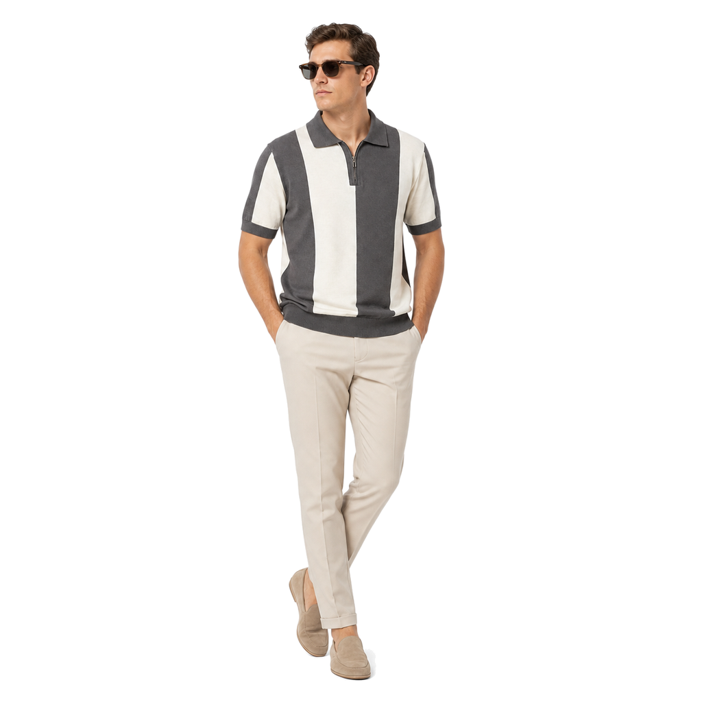 WEELZ Vertical Color-Block Knit Polo — Grey & Cream — model look 3