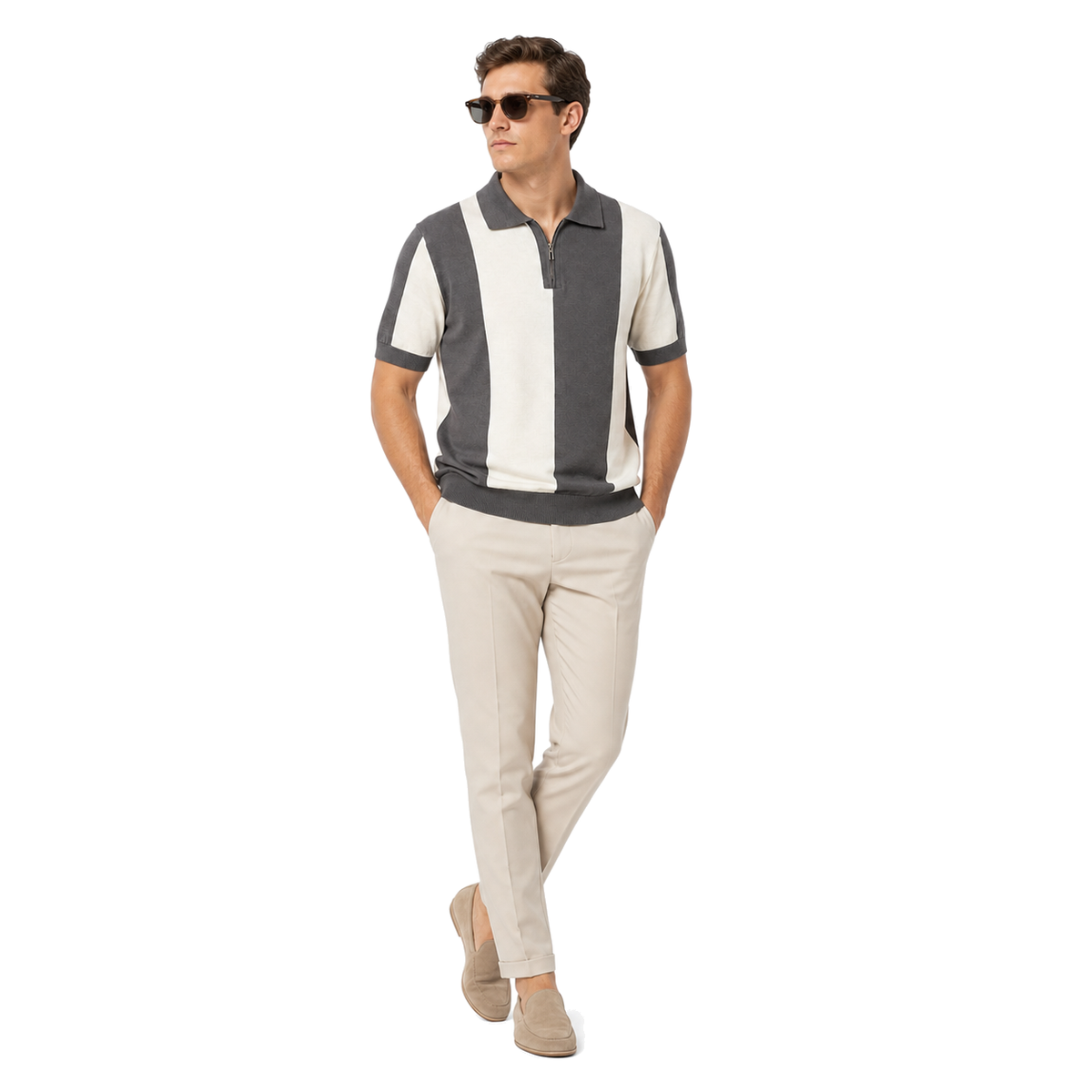 WEELZ Vertical Color-Block Knit Polo — Grey & Cream — model look 3