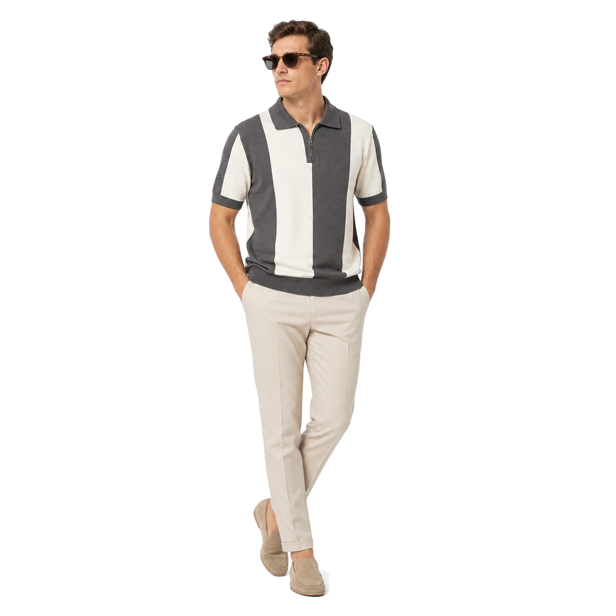 WEELZ Vertical Color-Block Knit Polo — Grey & Cream — model look 3