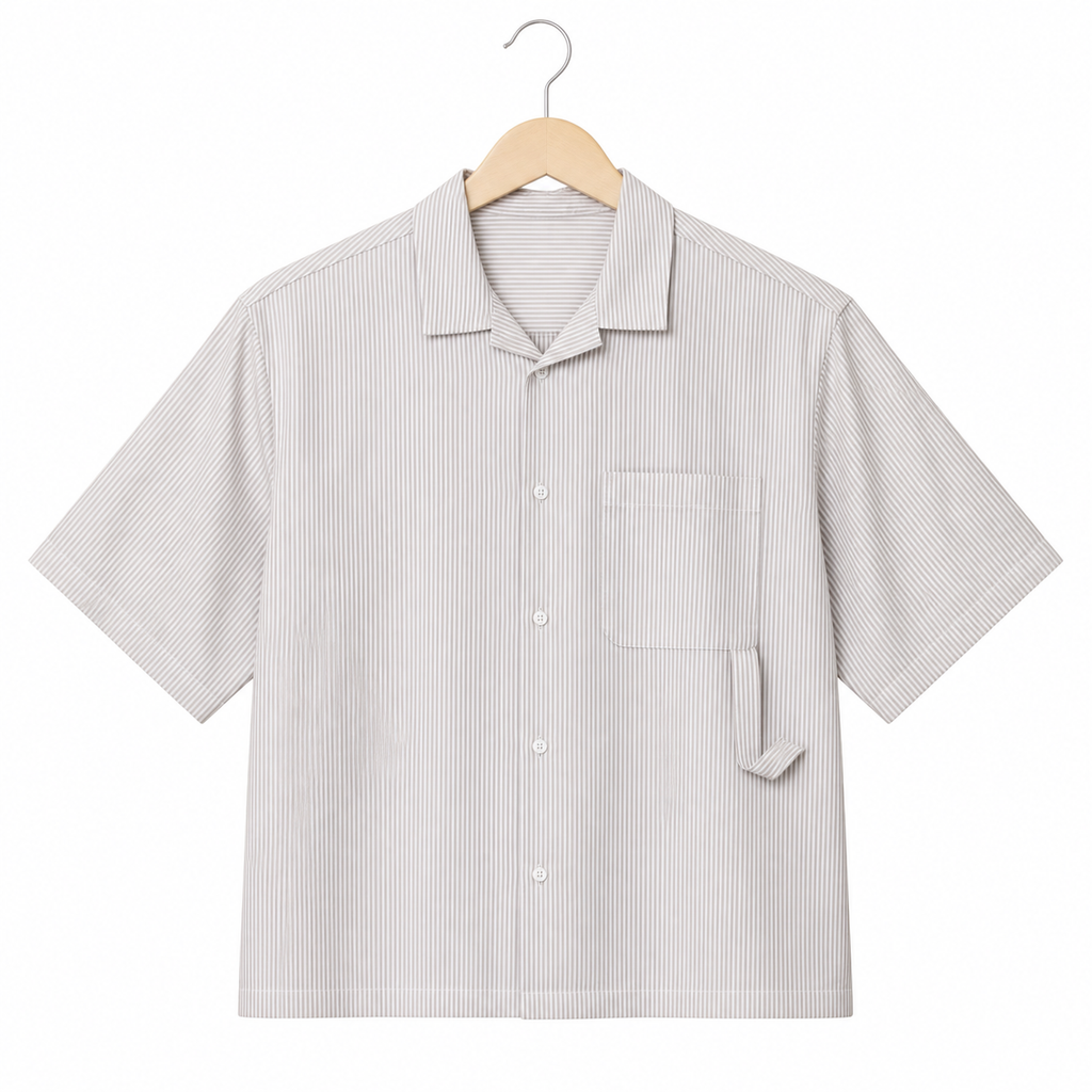 WEELZ striped box-fit short-sleeve shirt — Beige, source-verified front product view