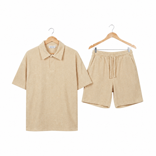 WEELZ Button-Collar Cotton T-Shirt & Shorts Set - Beige - view 1