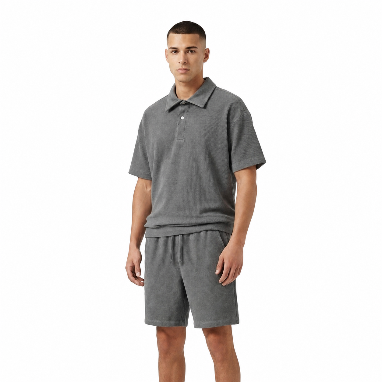 WEELZ Button-Collar Cotton T-Shirt & Shorts Set - Grey - view 1