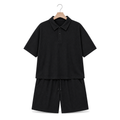 WEELZ Button-Collar Cotton T-Shirt and Shorts Set in Black – front hanger view