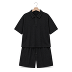 WEELZ Button-Collar Cotton T-Shirt and Shorts Set in Black – front hanger view