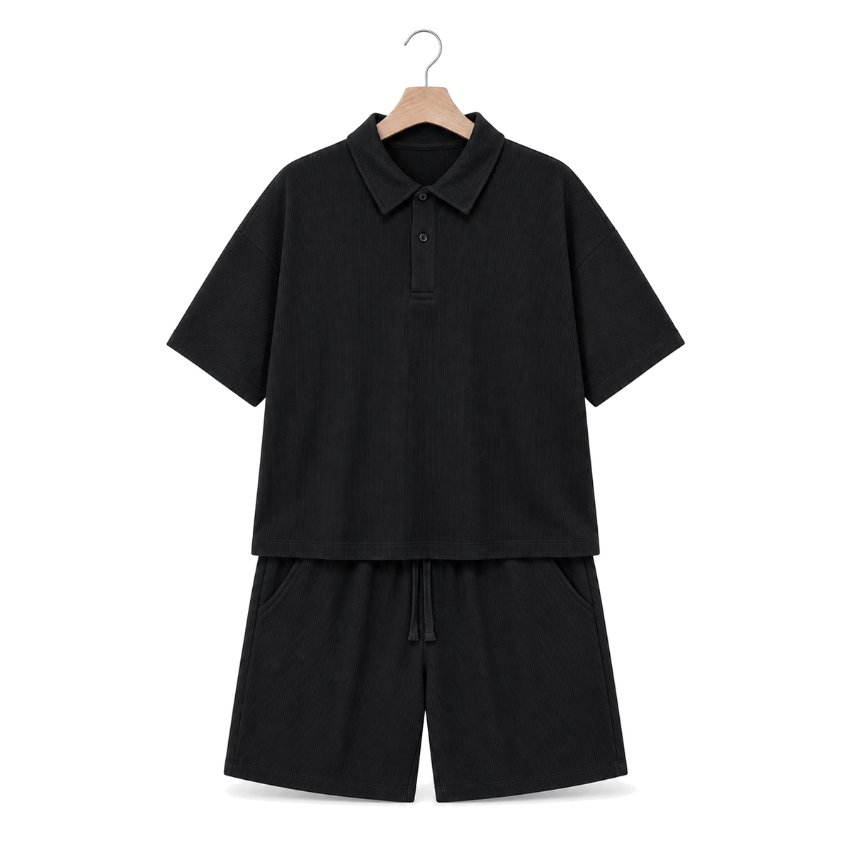 WEELZ Button-Collar Cotton T-Shirt and Shorts Set in Black – front hanger view