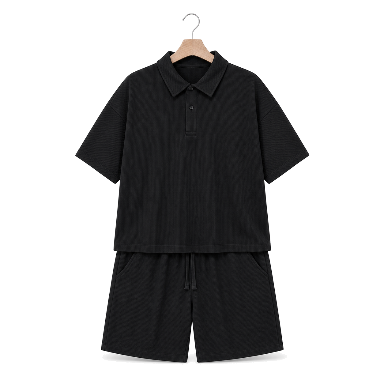 WEELZ Button-Collar Cotton T-Shirt and Shorts Set in Black – front hanger view