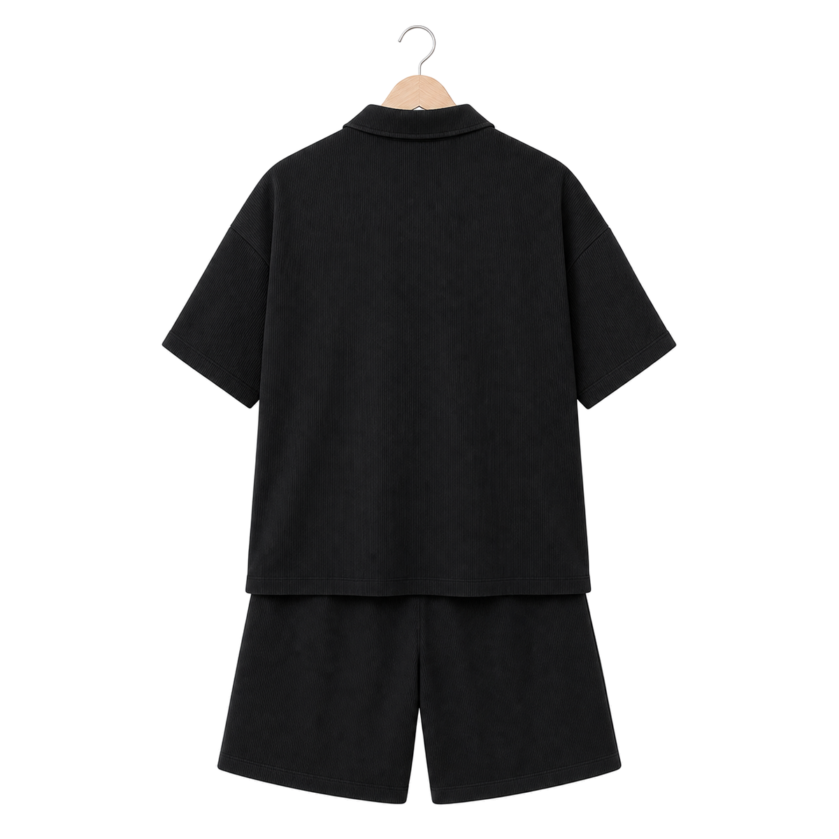 WEELZ Button-Collar Cotton T-Shirt and Shorts Set in Black – back hanger view