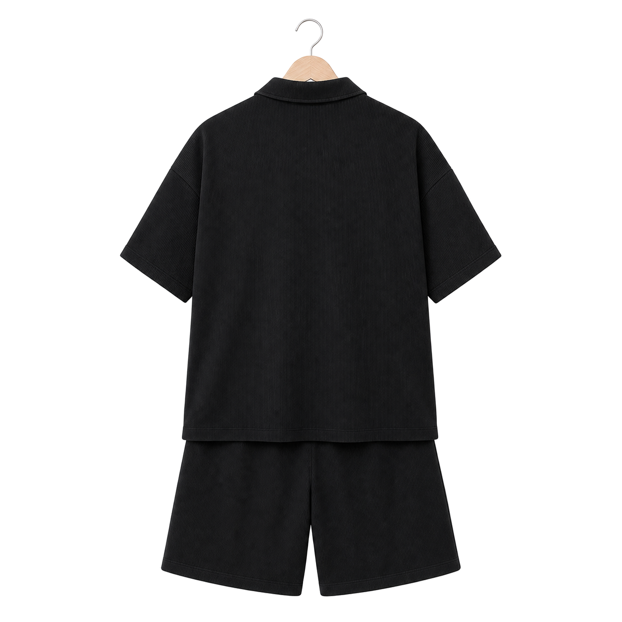 WEELZ Button-Collar Cotton T-Shirt and Shorts Set in Black – back hanger view
