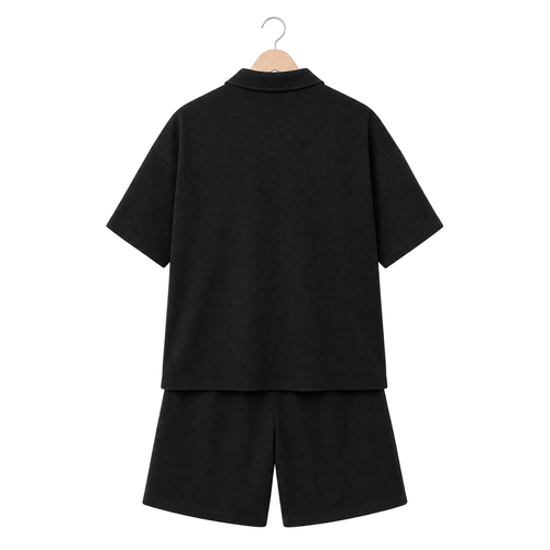 WEELZ Button-Collar Cotton T-Shirt and Shorts Set in Black – back hanger view