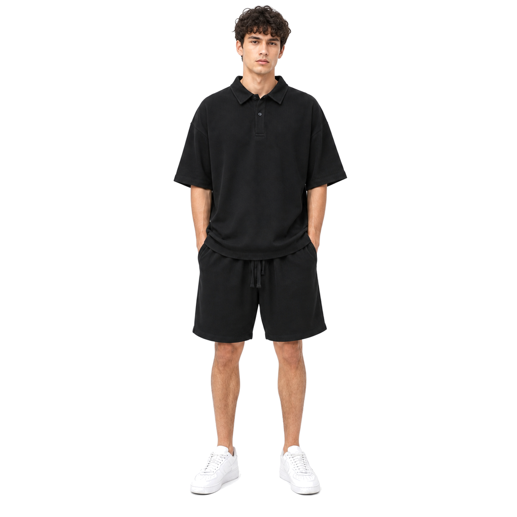 WEELZ Button-Collar Cotton T-Shirt and Shorts Set in Black – model front view