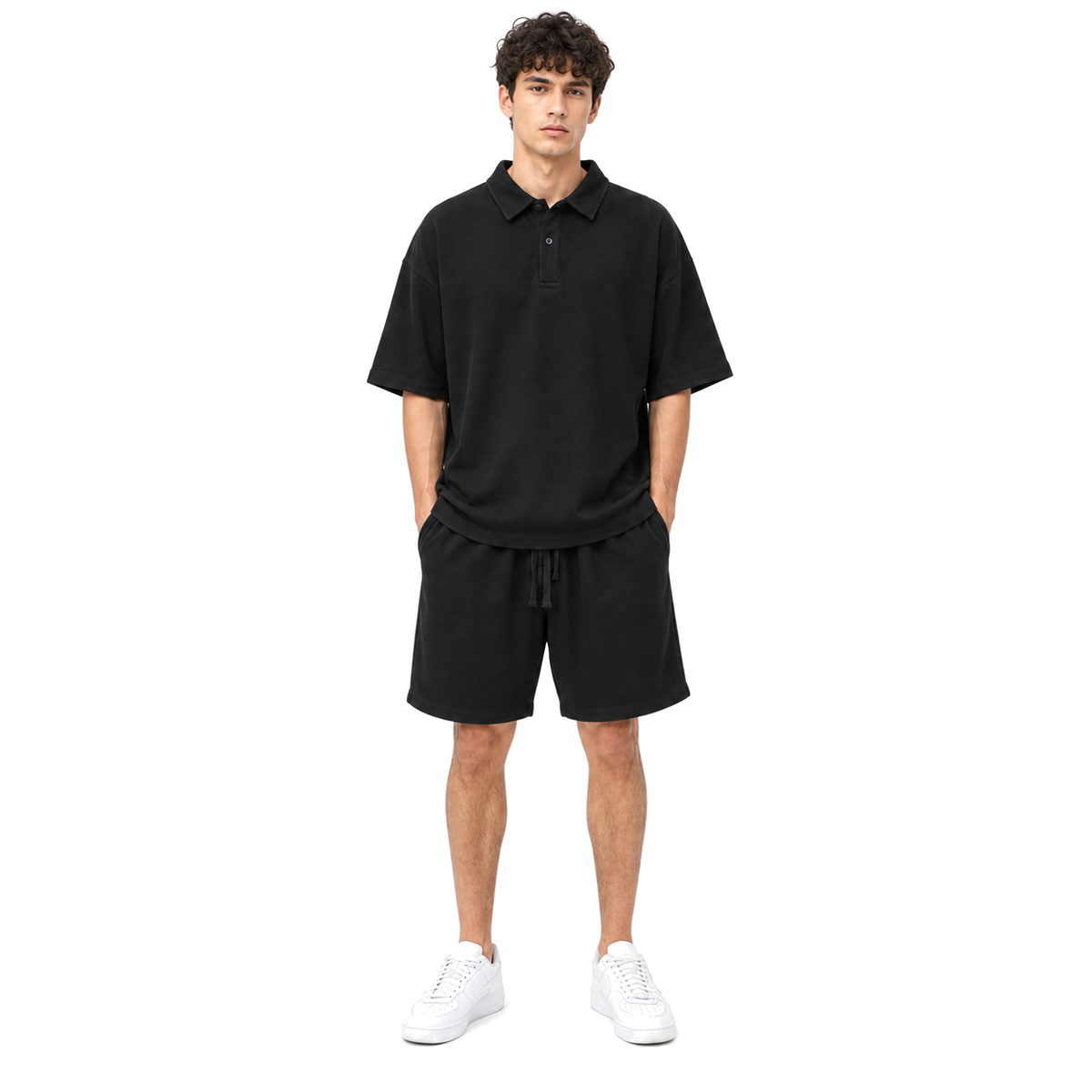 WEELZ Button-Collar Cotton T-Shirt and Shorts Set in Black – model front view