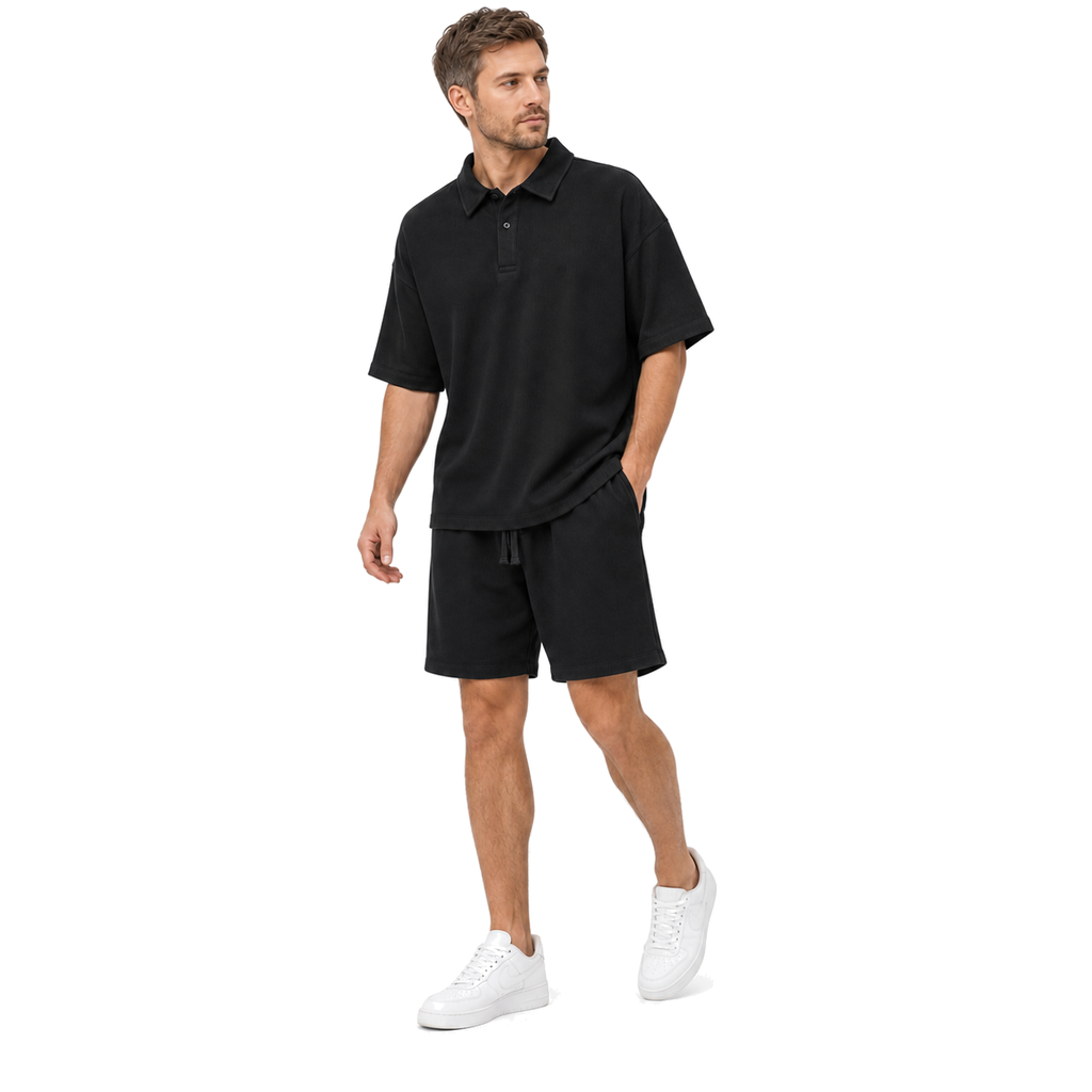 WEELZ Button-Collar Cotton T-Shirt and Shorts Set in Black – model three-quarter view