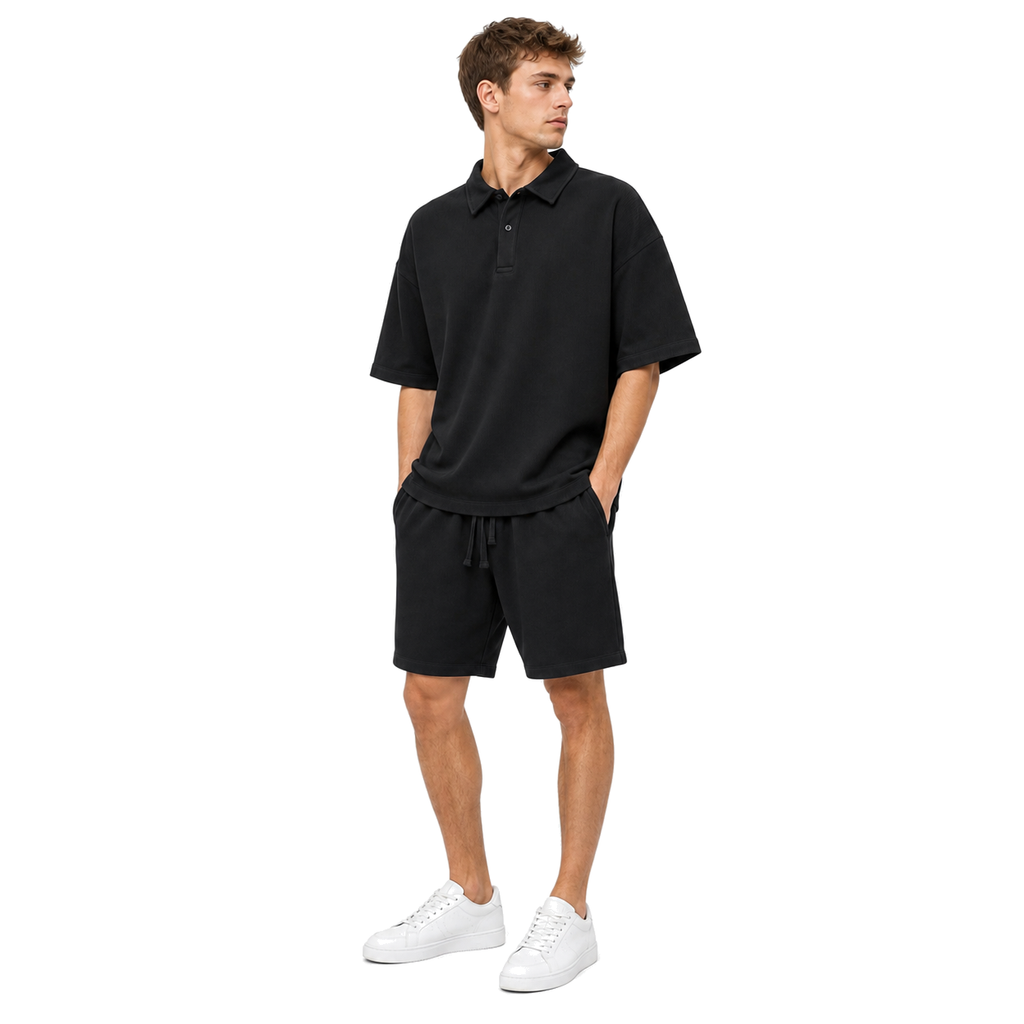 WEELZ Button-Collar Cotton T-Shirt and Shorts Set in Black – model walking view