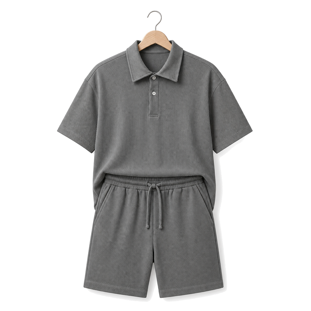 WEELZ grey button-collar cotton T-shirt and shorts set, hanger front