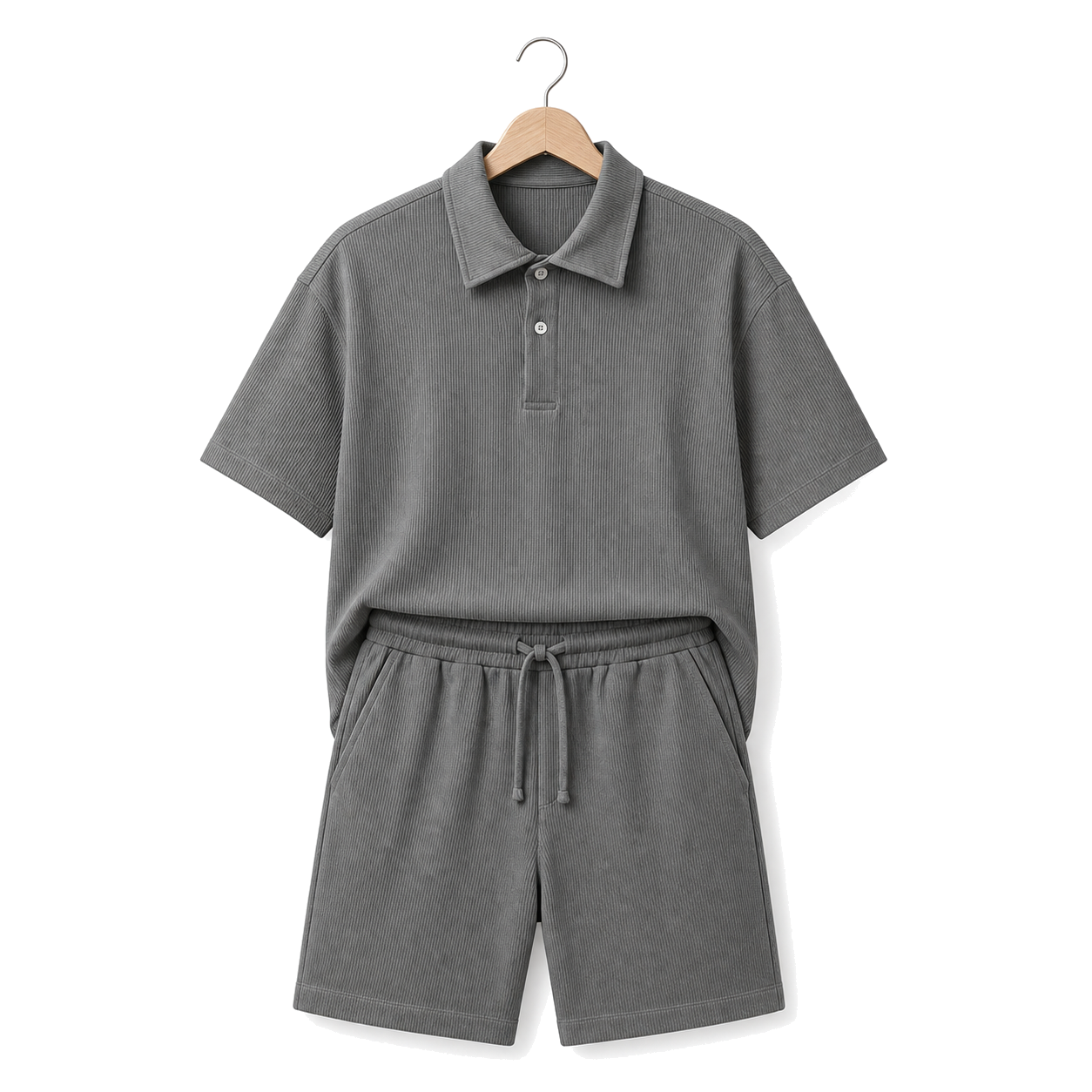 WEELZ grey button-collar cotton T-shirt and shorts set, hanger front
