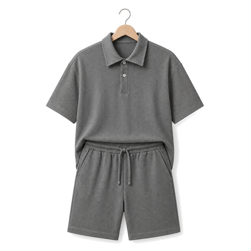 WEELZ grey button-collar cotton T-shirt and shorts set, hanger front
