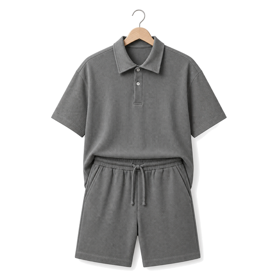 WEELZ grey button-collar cotton T-shirt and shorts set, hanger front