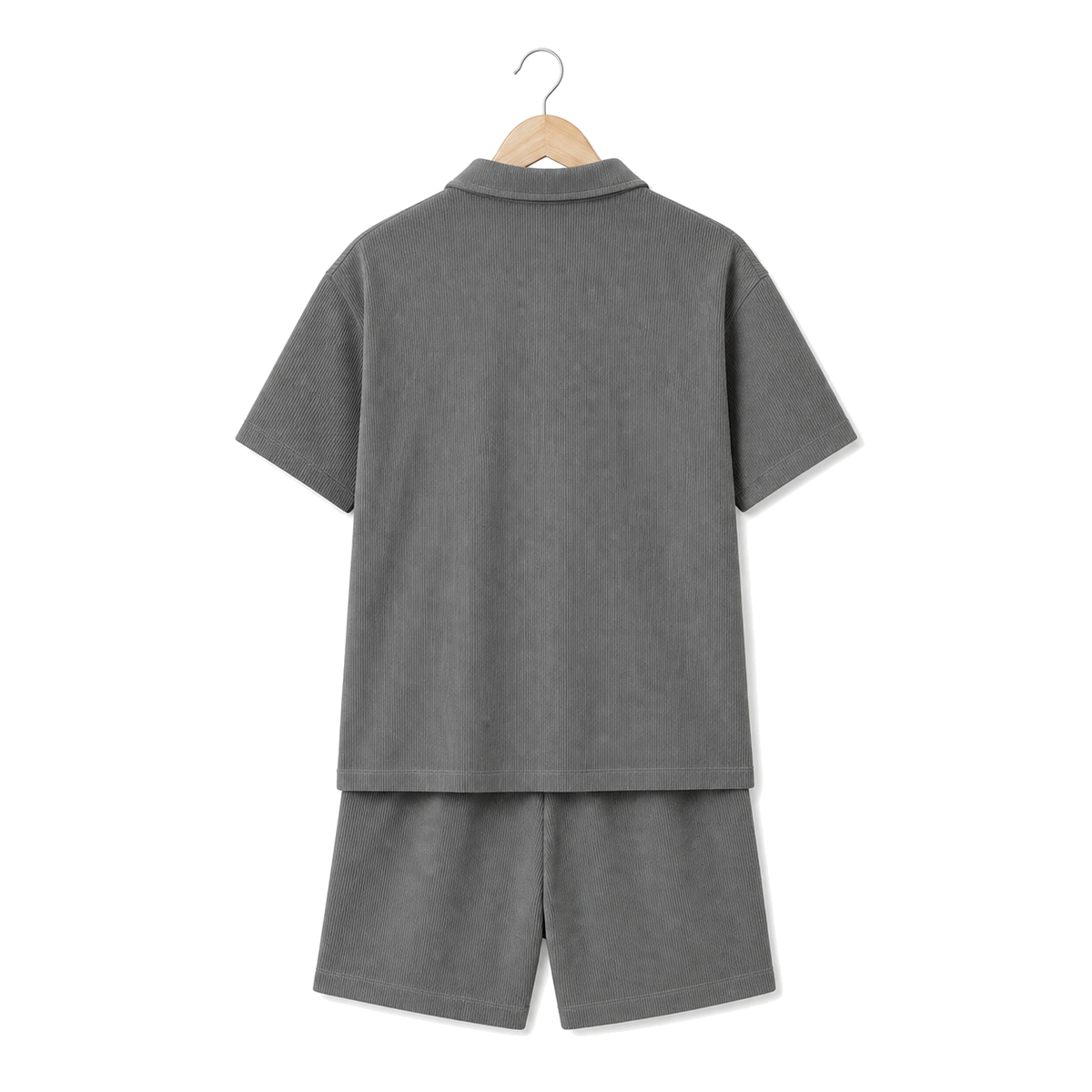 WEELZ grey button-collar cotton T-shirt and shorts set, hanger back