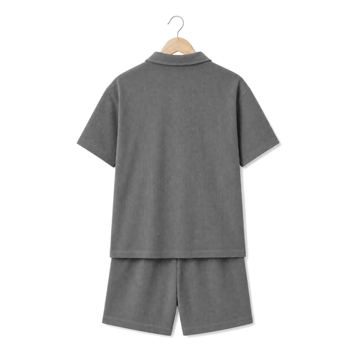 WEELZ grey button-collar cotton T-shirt and shorts set, hanger back