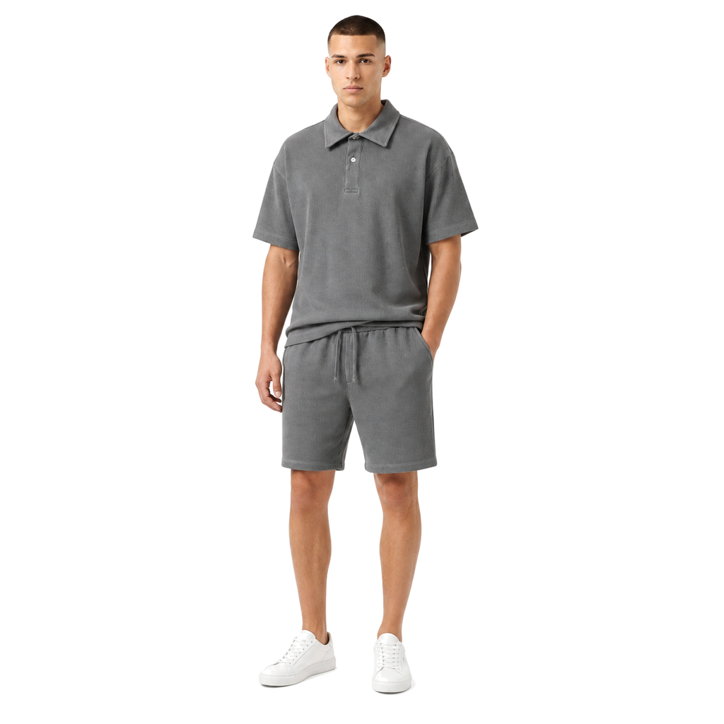 WEELZ grey button-collar cotton T-shirt and shorts set, model front