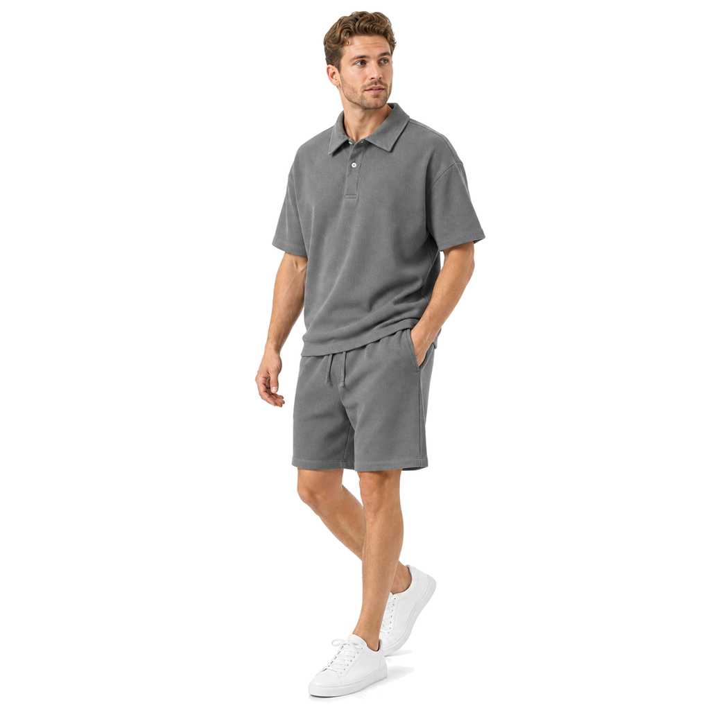 WEELZ grey button-collar cotton T-shirt and shorts set, model angle
