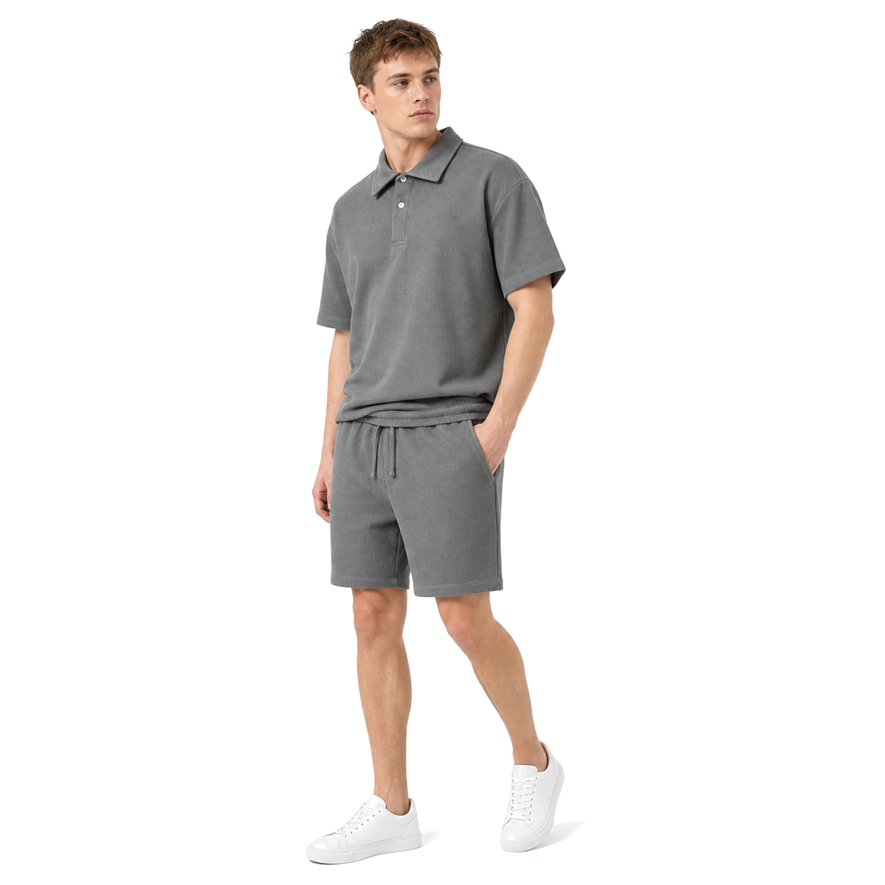 WEELZ grey button-collar cotton T-shirt and shorts set, model walking