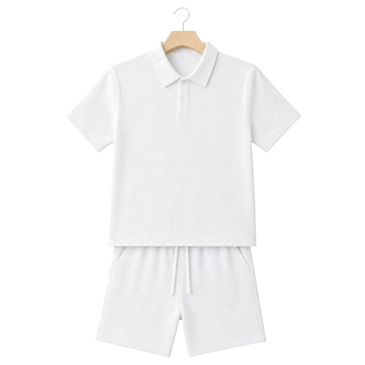 WEELZ Button-Collar Cotton T-Shirt and Shorts Set in White – front hanger view