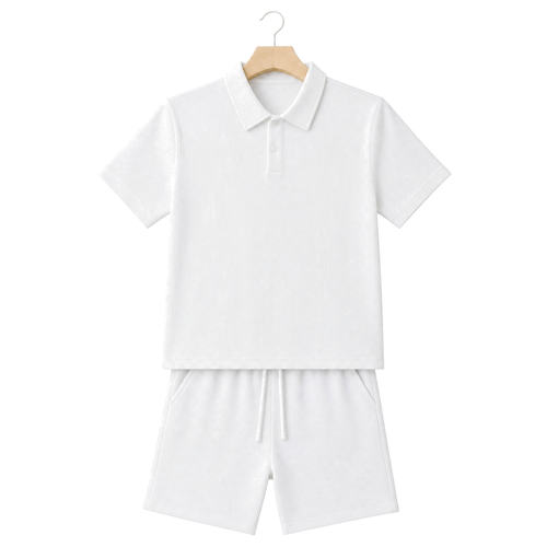 WEELZ Button-Collar Cotton T-Shirt and Shorts Set in White – front hanger view