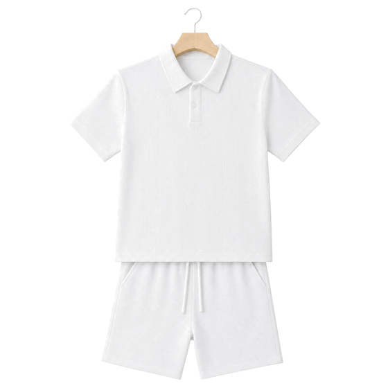 WEELZ Button-Collar Cotton T-Shirt and Shorts Set in White – front hanger view