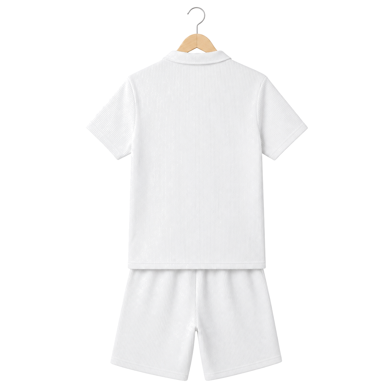 WEELZ Button-Collar Cotton T-Shirt and Shorts Set in White – back hanger view