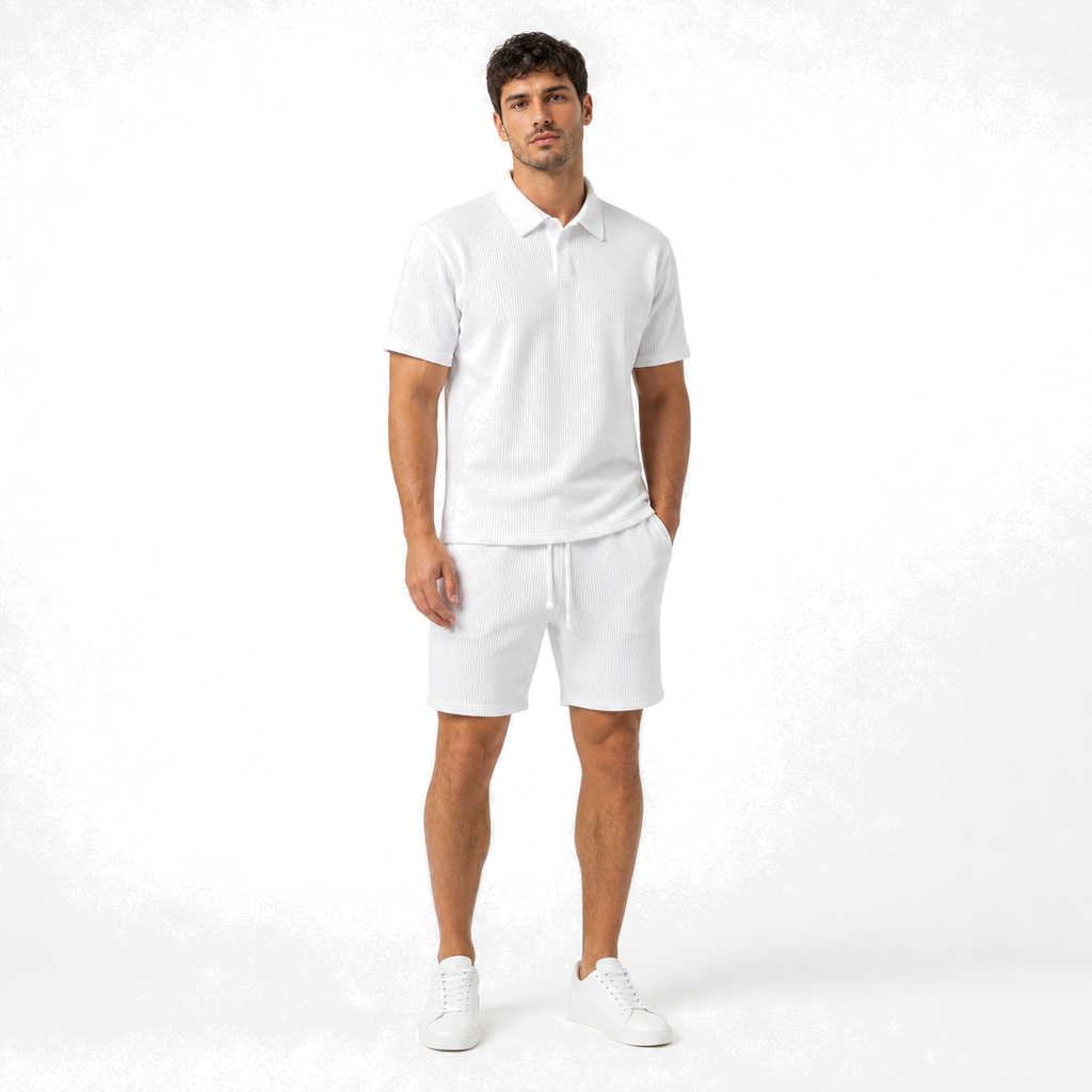 WEELZ Button-Collar Cotton T-Shirt and Shorts Set in White – model front view