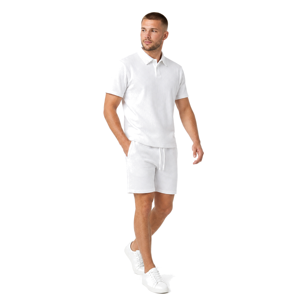 WEELZ Button-Collar Cotton T-Shirt and Shorts Set in White – model walking view
