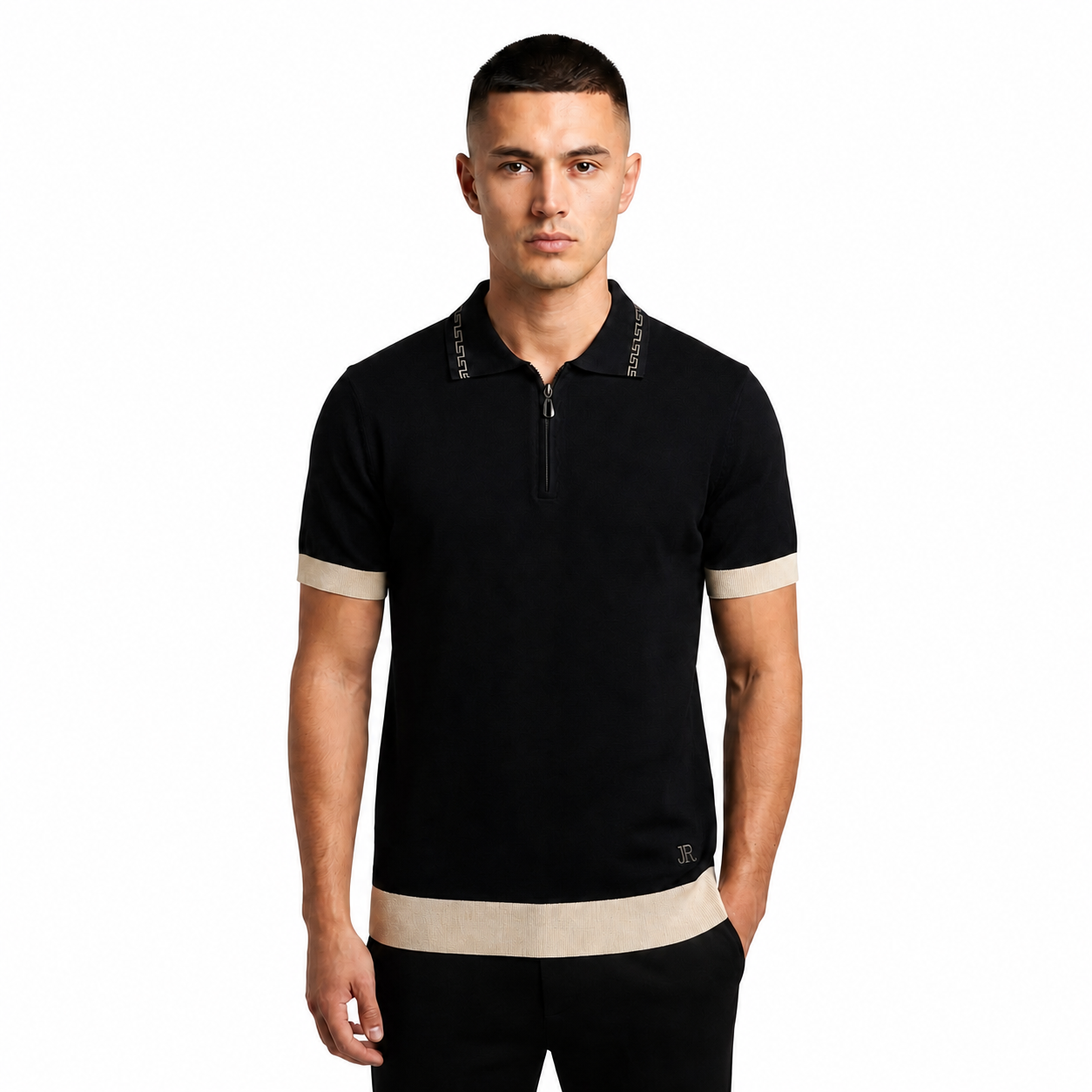 WEELZ Geometric-Collar Zip Knit Polo â€” Black - Black & Cream - view 2