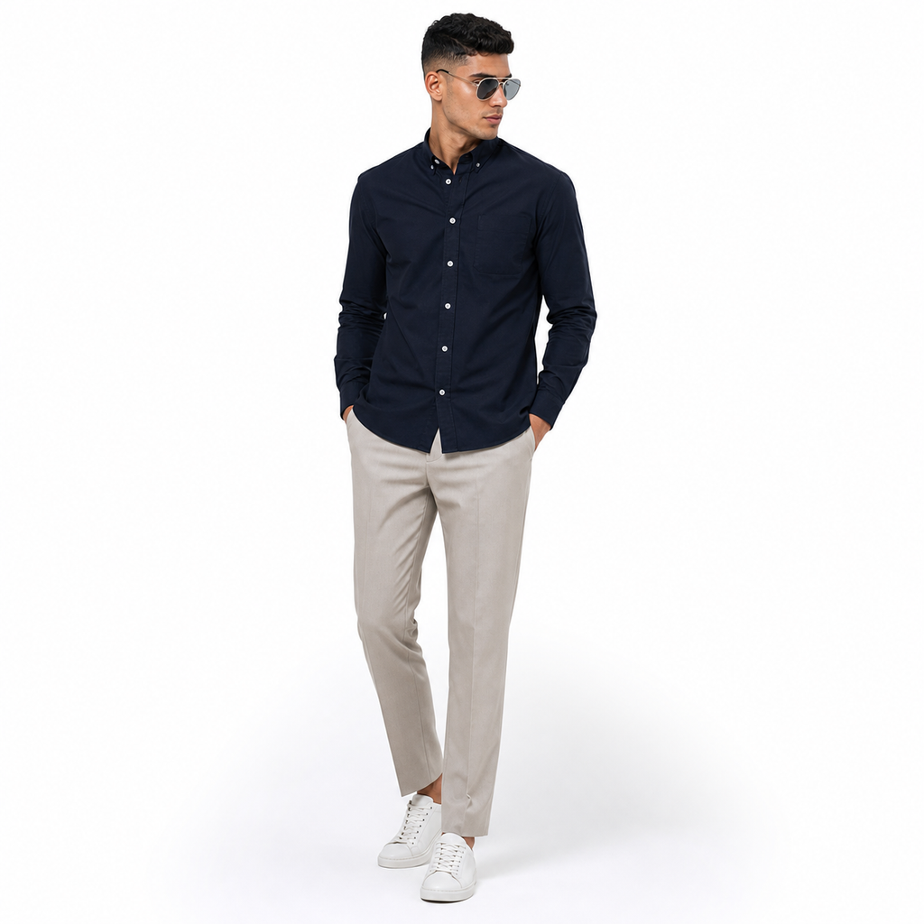 WEELZ Classic Cotton Button-Down Shirt — Navy styled model view